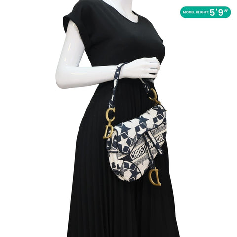 CHRISTIAN DIOR Saddle Embroidered Stars Canvas Hobo Bag White