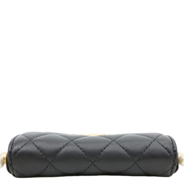 CHANEL Flap Pearls Strap Quilted Calfskin Leather Card Holder Black