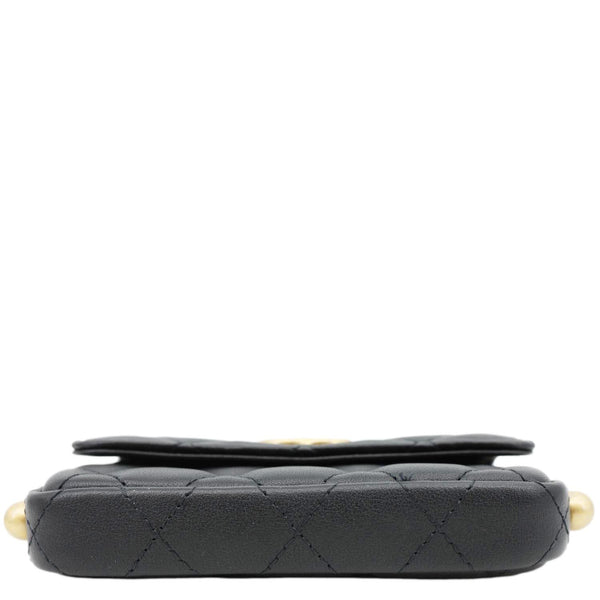 CHANEL Flap Pearls Strap Quilted Calfskin Leather Card Holder Black