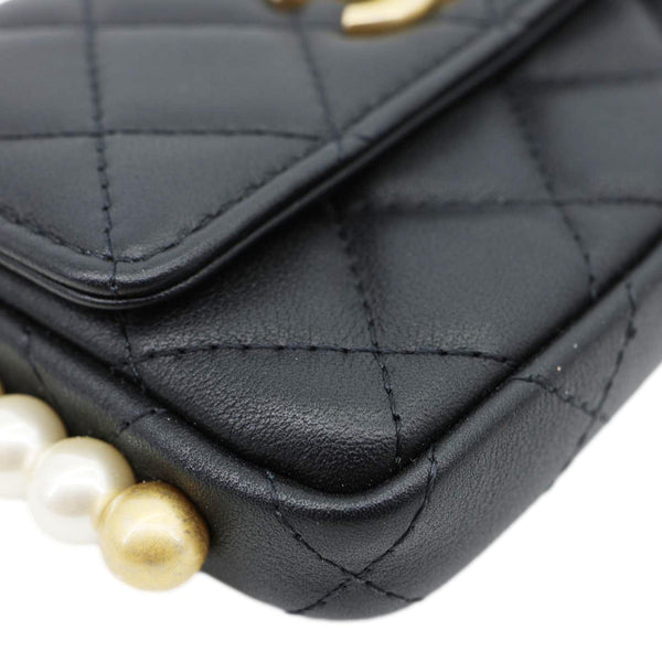 CHANEL Flap Pearls Strap Quilted Calfskin Leather Card Holder Black