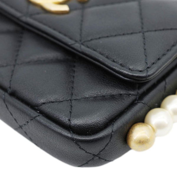 CHANEL Flap Pearls Strap Quilted Calfskin Leather Card Holder Black