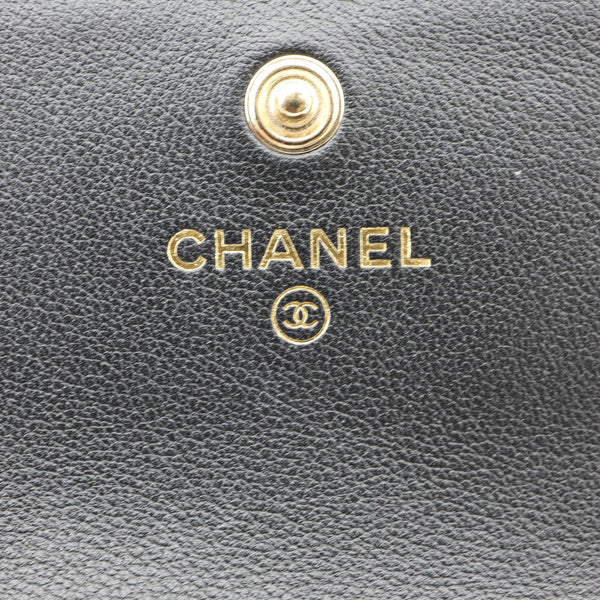 CHANEL Flap Pearls Strap Quilted Calfskin Leather Card Holder Black