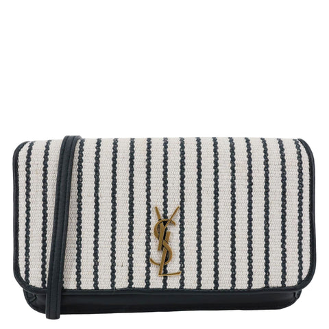 YVES SAINT LAURENT Striped Canvas Phone Holder Crossbody Bag White