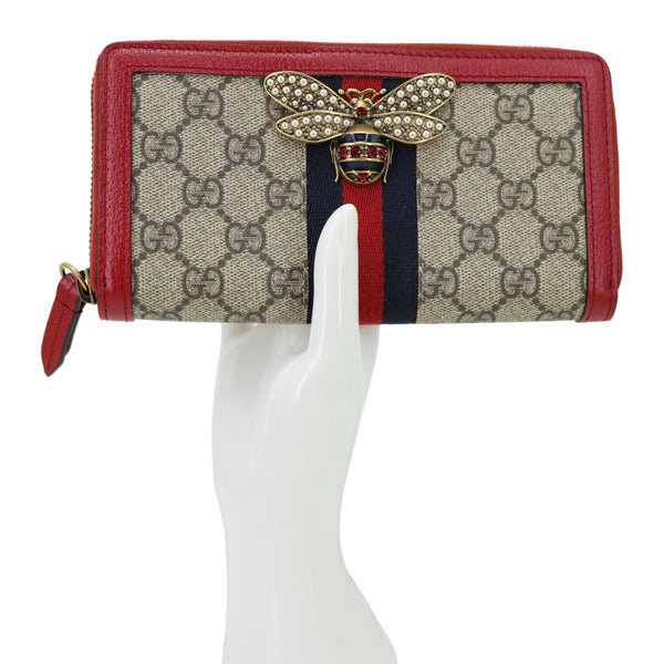 GUCCI Web Queen Margaret GG Supreme Canvas Zip Around Wallet Beige 476069