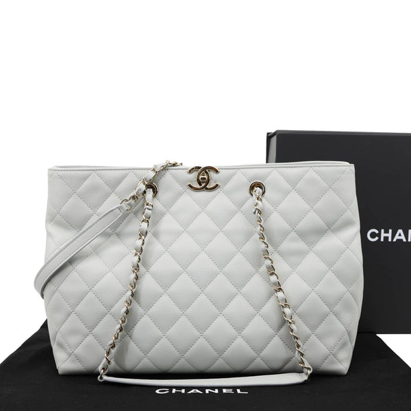 CHANEL Large Quilted Leather Shopping Tote Bag Ice Blue