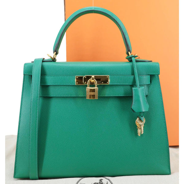 HERMES Kelly 28 Sellier Epsom Leather Shoulder Bag Green