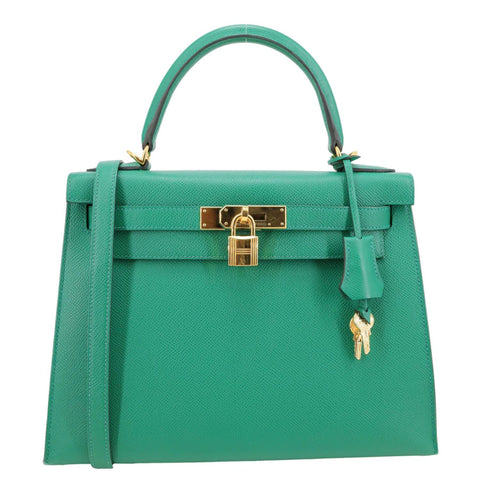 HERMES Kelly 28 Sellier Epsom Leather Shoulder Bag Green