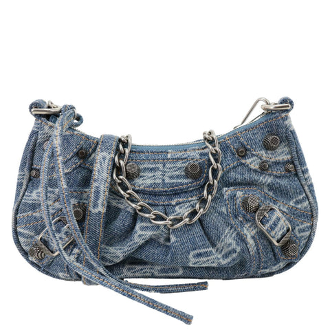 BALENCIAGA Le Cagole BB Mini Bleached Monogram Denim Crossbody Bag Blue