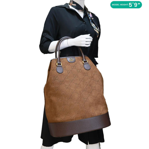 GUCCI Savoy Jumbo GG Suede Textured Leather Tote Bag Brown 760227