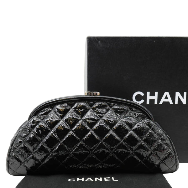 CHANEL Timeless CC Logo Patent Quilted Leather Clutch Black