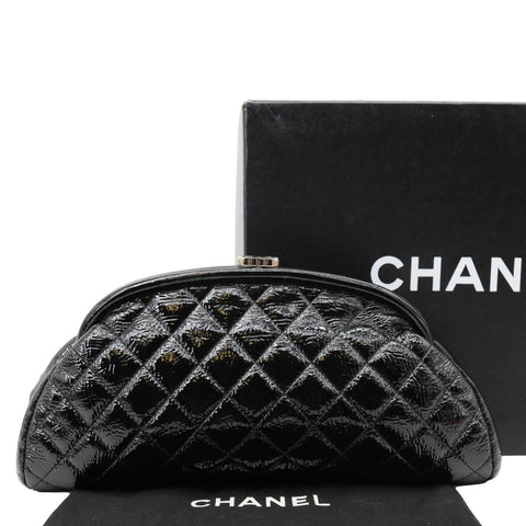 CHANEL Timeless CC Logo Patent Quilted Leather Clutch Black
