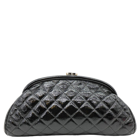 CHANEL Timeless CC Logo Patent Quilted Leather Clutch Black