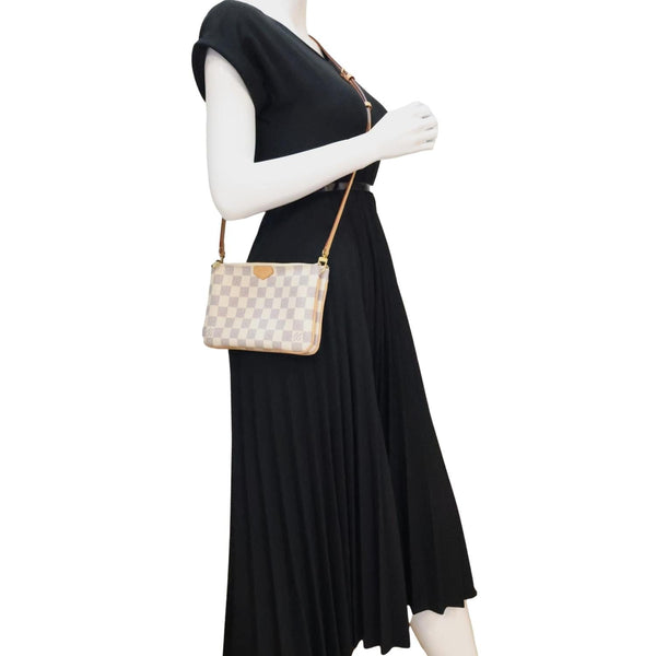 LOUIS VUITTON Double Zip Pochette Damier Azur Crossbody Bag Rose Ballerine