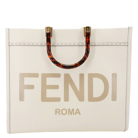 FENDI Sunshine Medium Leather Shopper Tote Bag Cream
