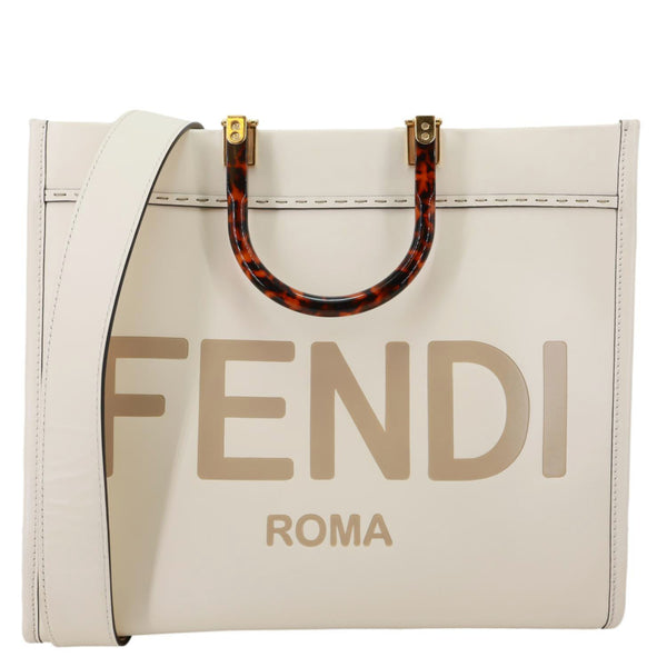 FENDI Sunshine Medium Leather Shopper Tote Bag Cream