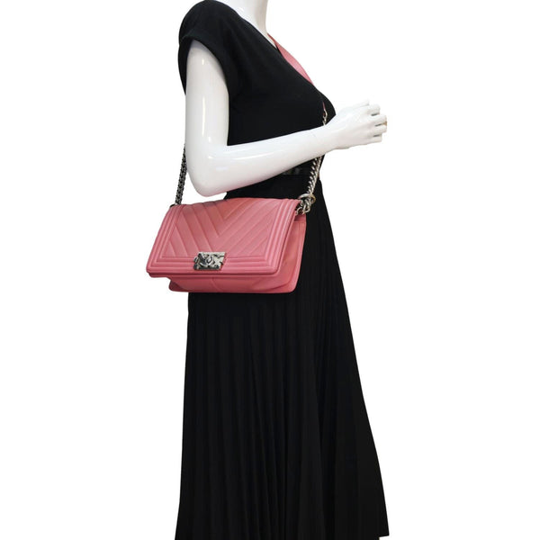 CHANEL Boy Flap Old Medium Chevron Leather Crossbody Bag Pink