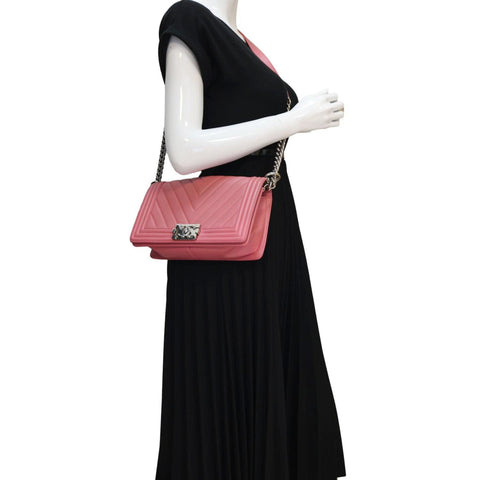CHANEL Boy Flap Old Medium Chevron Leather Crossbody Bag Pink