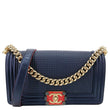 CHANEL Boy Flap Medium Cube Embossed Leather Shoulder Bag Navy Blue