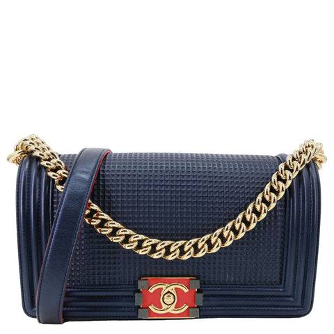 CHANEL Boy Flap Medium Cube Embossed Leather Shoulder Bag Navy Blue
