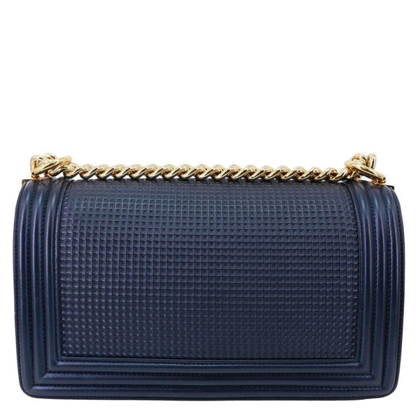 CHANEL Boy Flap Medium Cube Embossed Leather Shoulder Bag Navy Blue