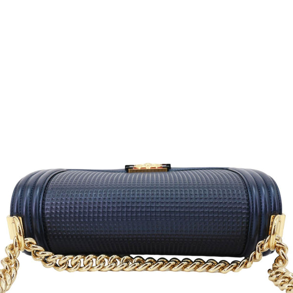 CHANEL Boy Flap Medium Cube Embossed Leather Shoulder Bag Navy Blue