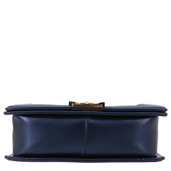 CHANEL Boy Flap Medium Cube Embossed Leather Shoulder Bag Navy Blue