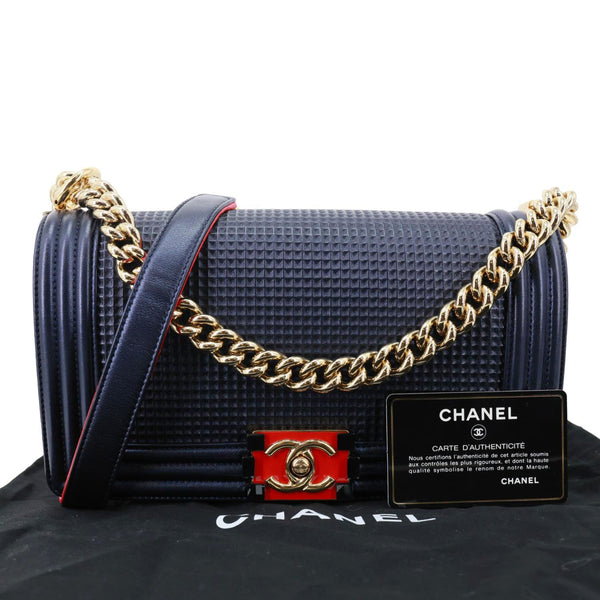 CHANEL Boy Flap Medium Cube Embossed Leather Shoulder Bag Navy Blue