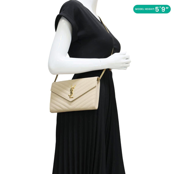 YVES SAINT LAURENT Envelope Grain De Poudre Chevron Leather Wallet On Chain Beige