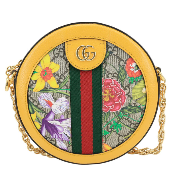 GUCCI Ophidia Mini Flora GG Round Supreme Monogram Web Crossbody Bag Yellow 550618