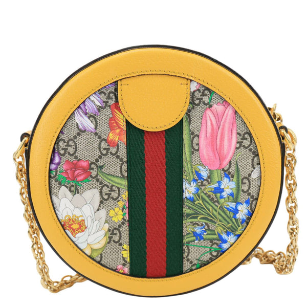 GUCCI Ophidia Mini Flora GG Round Supreme Monogram Web Crossbody Bag Yellow 550618