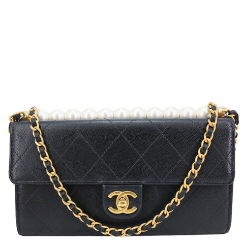 CHANEL Chic Pearls Quilted Goatskin  Leather Clutch On Chain Black