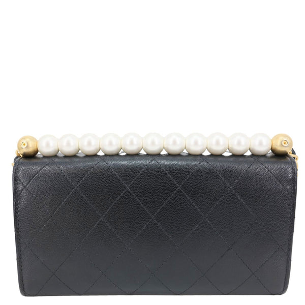 CHANEL Chic Pearls Quilted Goatskin  Leather Clutch On Chain Black