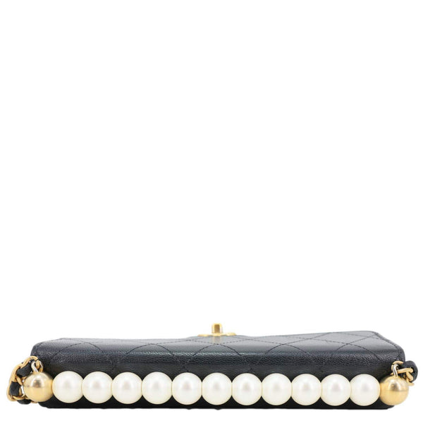 CHANEL Chic Pearls Quilted Goatskin  Leather Clutch On Chain Black
