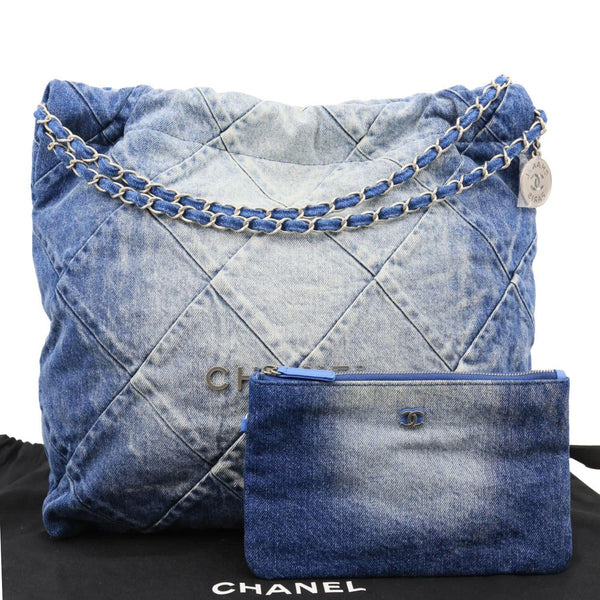 CHANEL 22 Quilted Denim Shoulder Bag Blue
