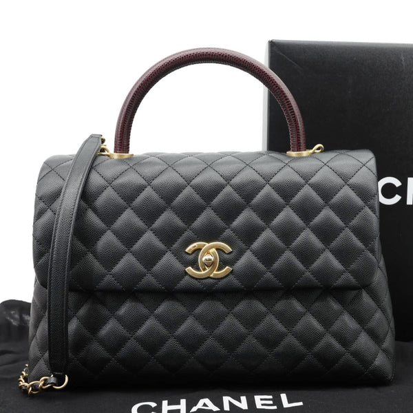 CHANEL Coco Large Quilted Caviar Lizard Handle Shoulder Bag Black