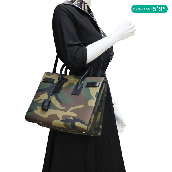 YVES SAINT LAURENT Sac de Jour Small Camouflage Calfskin Leather Tote Bag Kaki