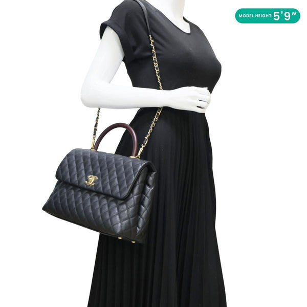 CHANEL Coco Large Quilted Caviar Lizard Handle Shoulder Bag Black