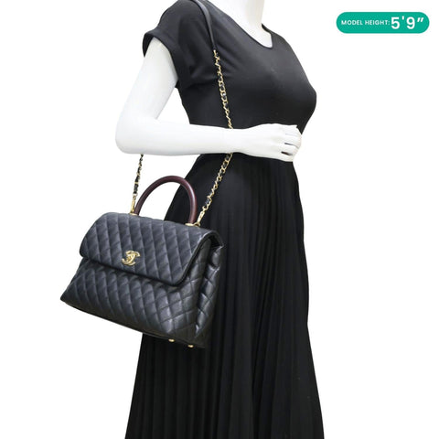 CHANEL Coco Large Quilted Caviar Lizard Handle Shoulder Bag Black