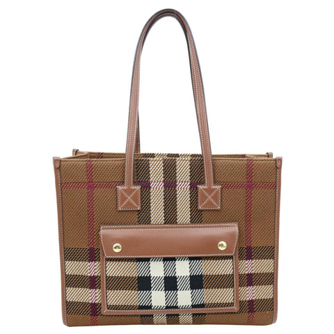 BURBERRY Freya Small Knitted Check Canvas Tote Bag Brown