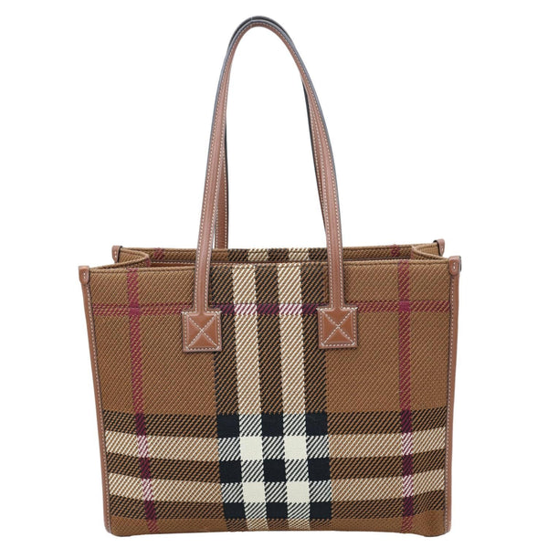 BURBERRY Freya Small Knitted Check Canvas Tote Bag Brown