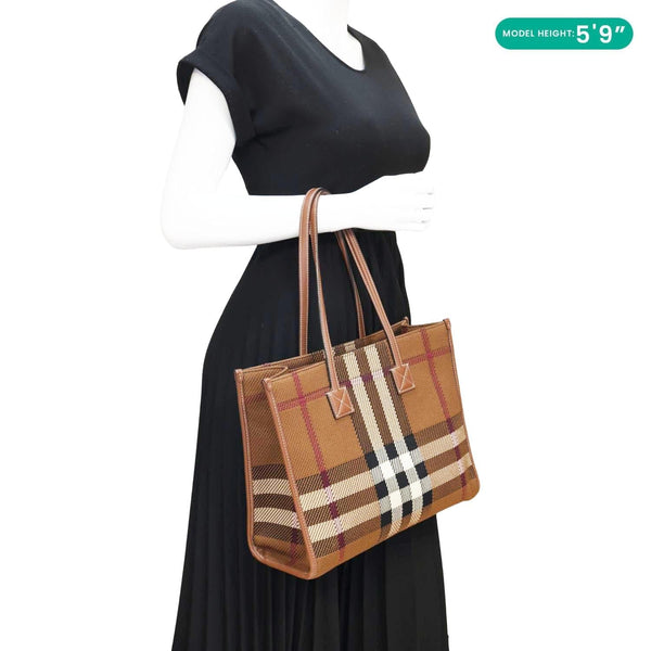 BURBERRY Freya Small Knitted Check Canvas Tote Bag Brown
