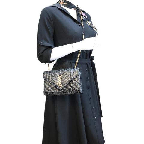 YVES SAINT LAURENT Envelope Polka Dot Chevron Leather Crossbody Bag Black