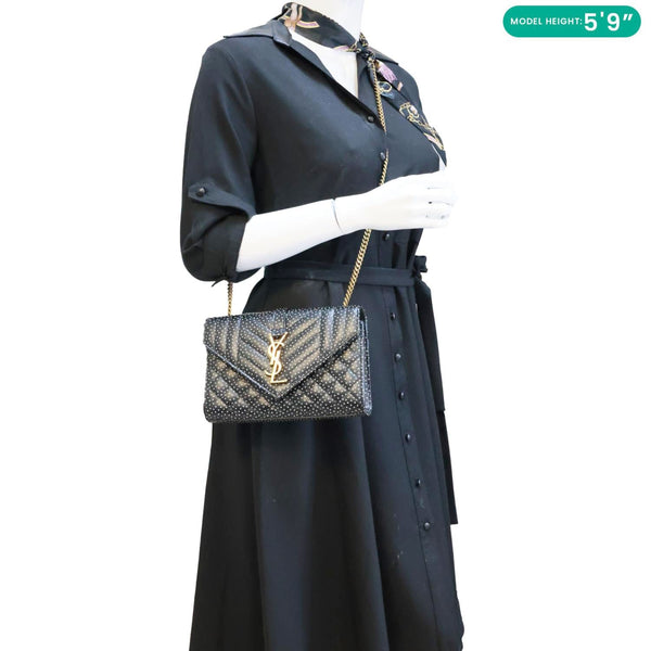 YVES SAINT LAURENT Envelope Polka Dot Chevron Leather Crossbody Bag Black