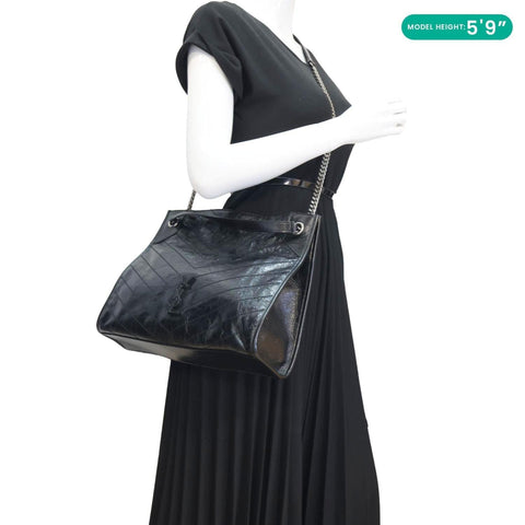 YVES SAINT LAURENT Niki  Crinkle Leather Shopper Tote Bag Black