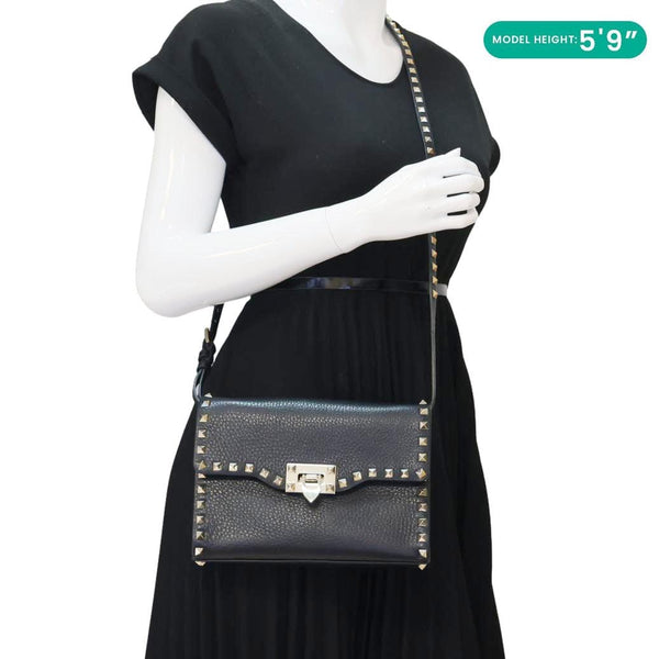 VALENTINO Rockstud Flip Lock Small Grained Calfskin Leather Crossbody Bag Black