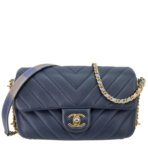 CHANEL Mini Rectangular Flap Chevron Leather Crossbody Bag Navy Blue