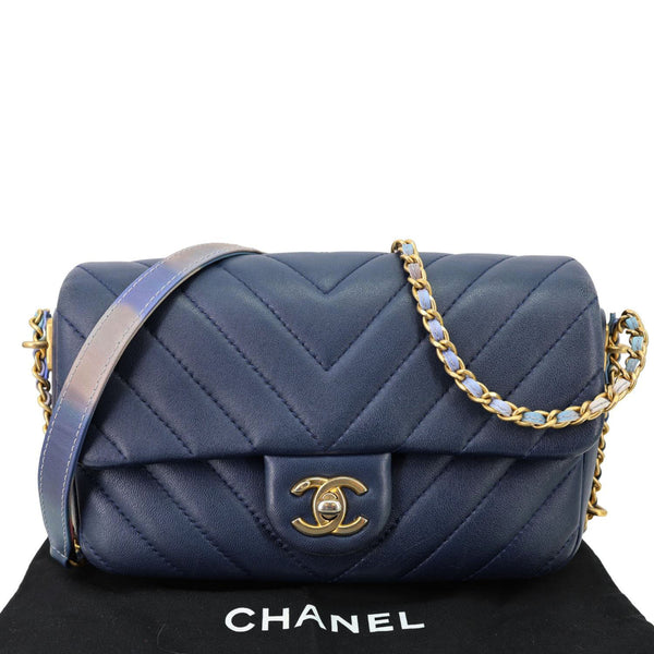 CHANEL Mini Rectangular Flap Chevron Leather Crossbody Bag Navy Blue