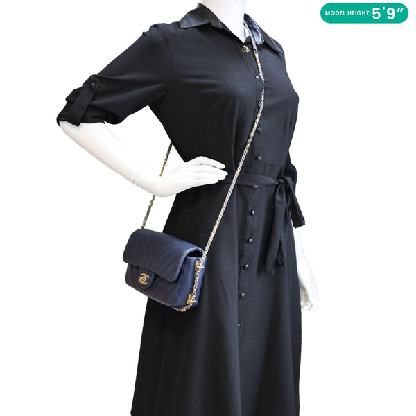 CHANEL Mini Rectangular Flap Chevron Leather Crossbody Bag Navy Blue