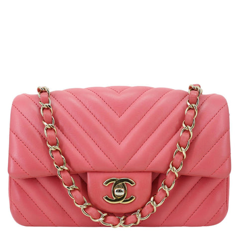 CHANEL Timeless Classic Square Flap Chevron Calfskin Leather Crossbody Bag Pink