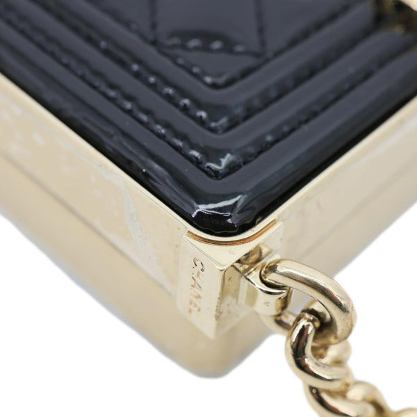 CHANEL Boy Minaudiere Quilted Patent Leather Chain Box Black